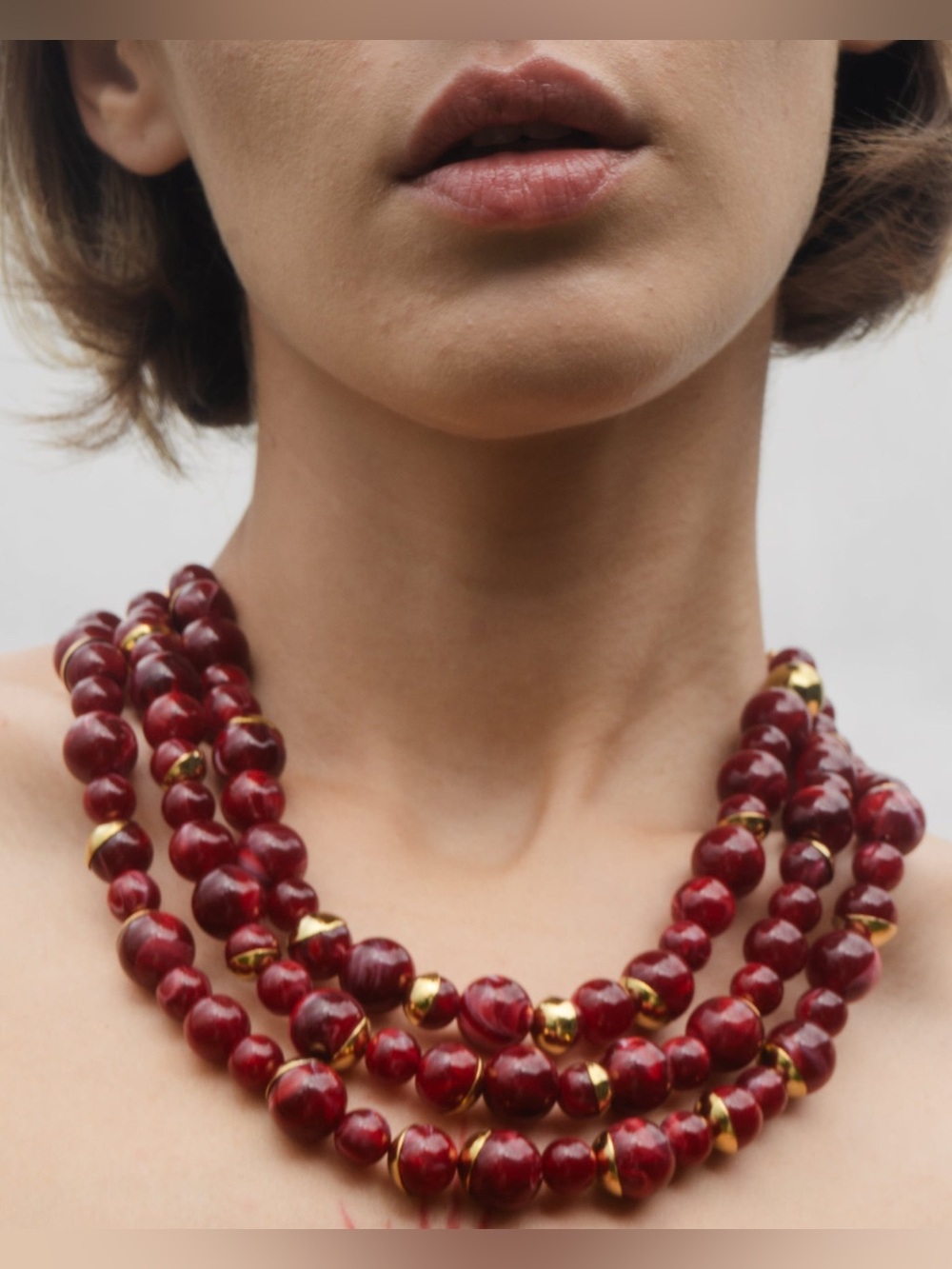 Red Imitation Pearl Multi-Layer Statement Necklace | 18K PVD Gold Plated - Picture 3 of 5